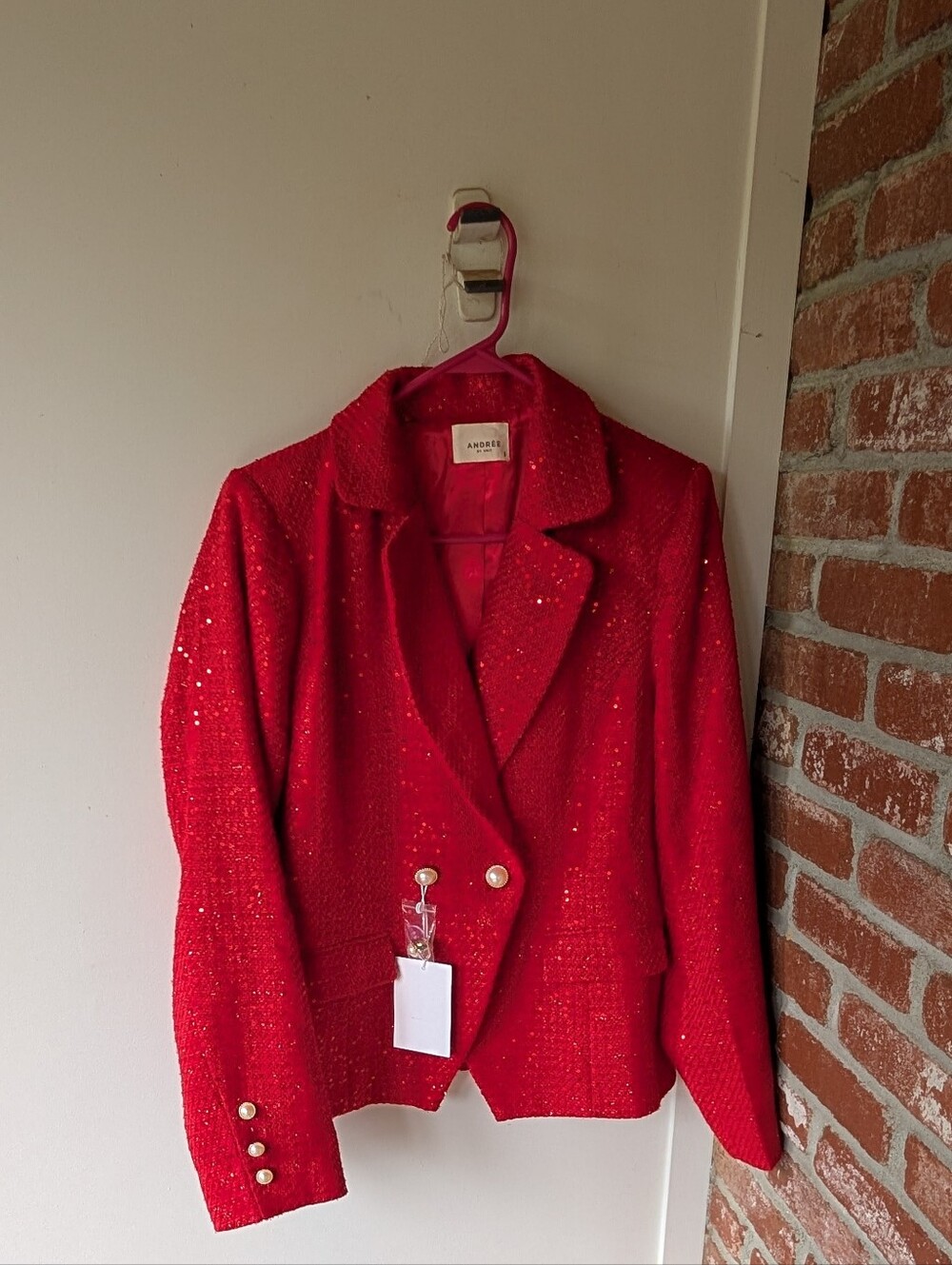 NWT Power Red 🍒 Andree Special Occasion Red Sequin Tweed Double-Breasted Blazer